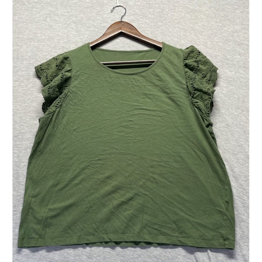 Women Blouse Top Medium Olive Green Cotton Round Neck Eyelet Lace Flutter Sleeve